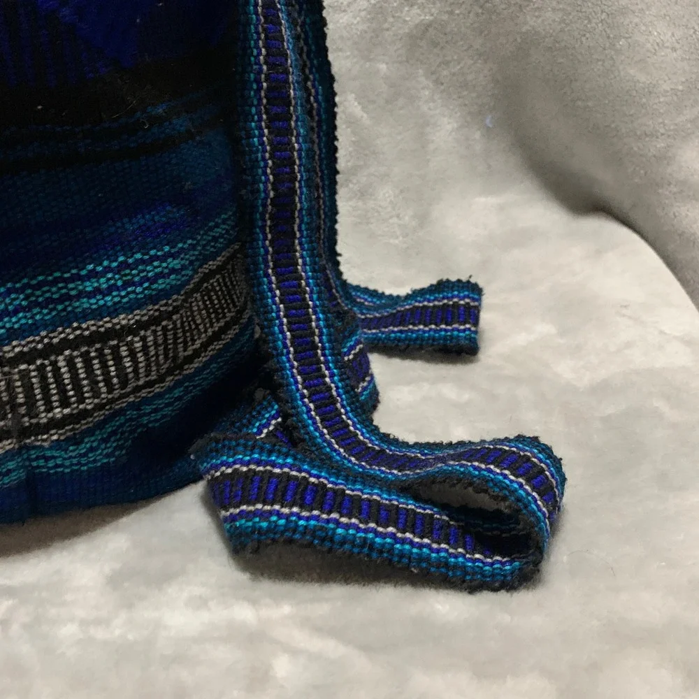Lillo Woven Drug Rug Backpack Blue Black Striped Boho Drawstring Rucksack‎